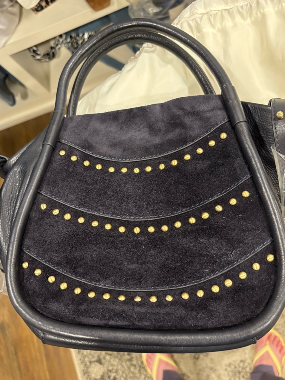 HOBO Navy Suede Satchel with Gold Stud Accents